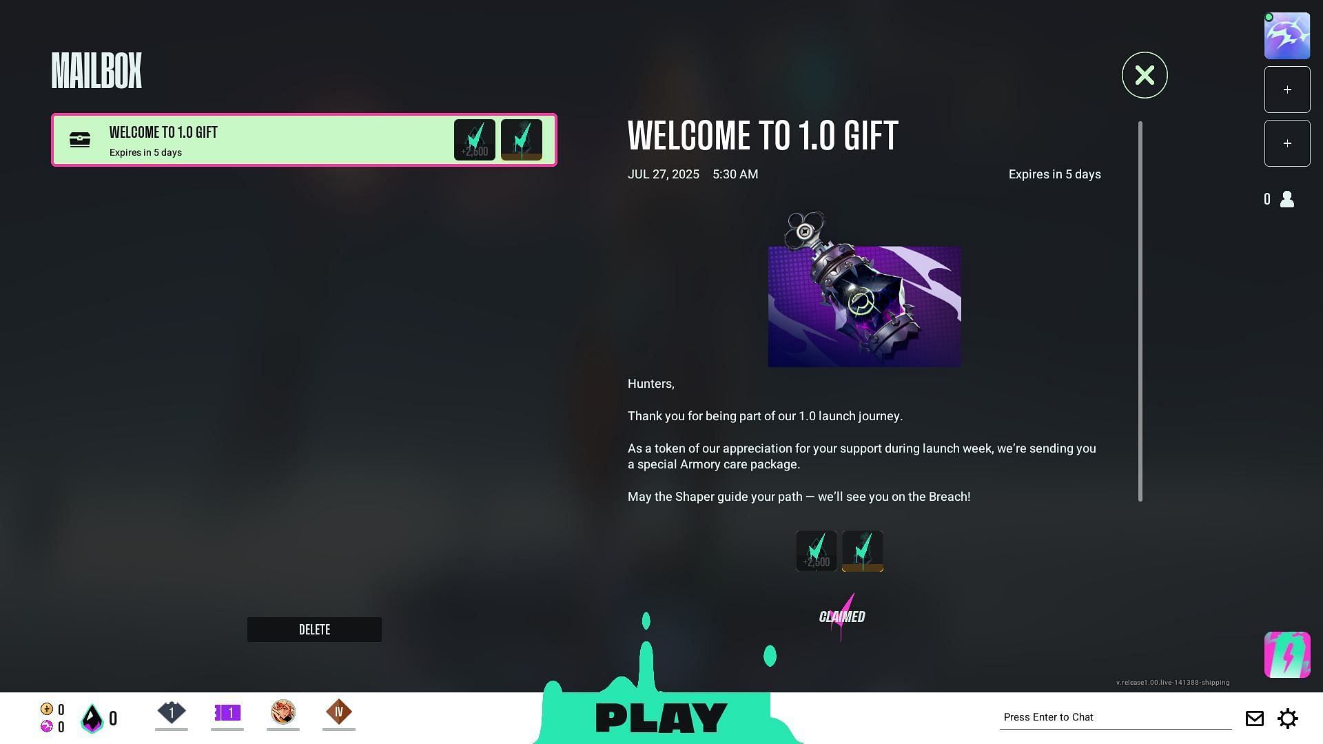 The ‘Welcome to 1.0 Gift’ is a simple yet generous token of appreciation for early adopters of Supervive (Image via Theorycraft Games)